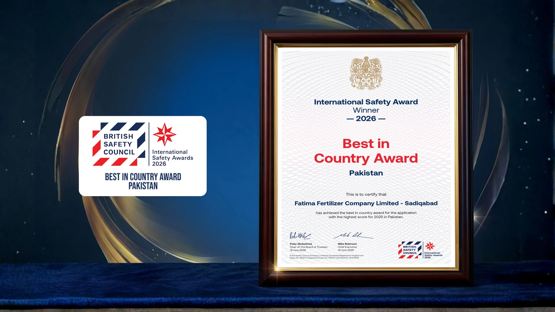 Fatima Fertilizer recognized as Pakistan's Best in Country 2026 by the British Safety Council for outstanding HSEQT performance.